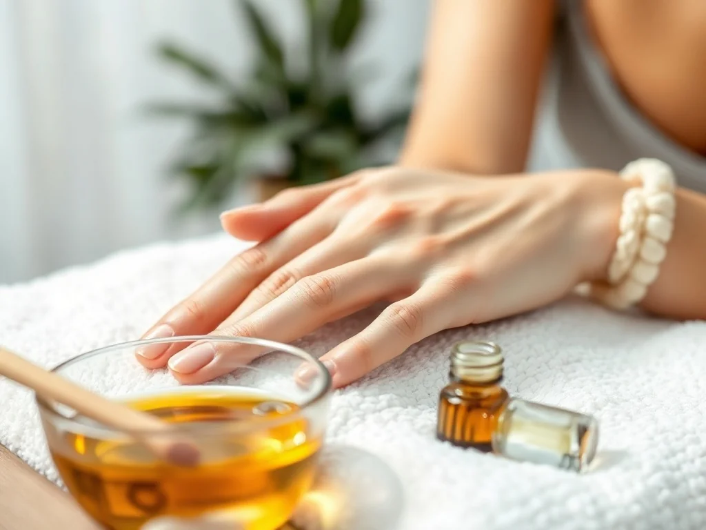 Dłonie z naturalnymi, zdrowo błyszczącymi paznokciami po hybrydzie podczas odżywczej kuracji olejkiem i serum w stylu spa.