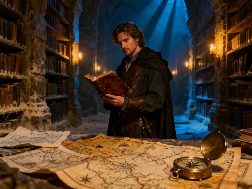 Mężczyzna w starożytnej bibliotece trzymający starą księgę, otoczony mapami i kompasem w klimacie tajemniczego thrillera.