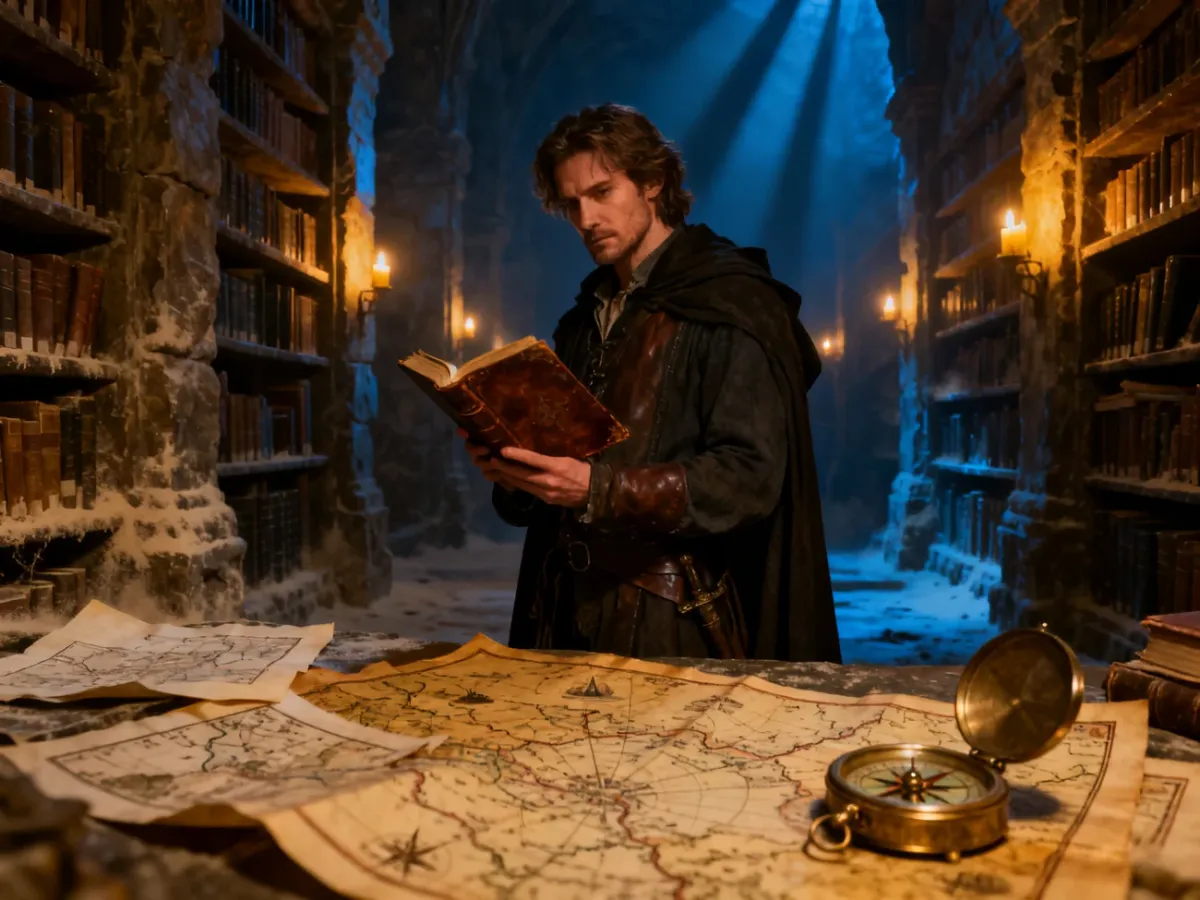 Mężczyzna w starożytnej bibliotece trzymający starą księgę, otoczony mapami i kompasem w klimacie tajemniczego thrillera.