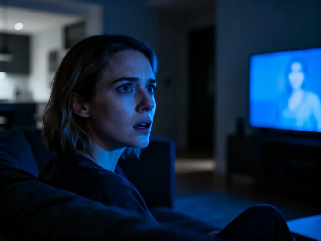 Kobieta z przejęciem oglądająca film w zaciemnionym salonie, podkreślająca atmosferę napięcia i emocji.