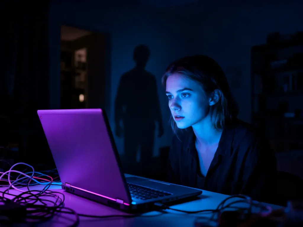 Młoda kobieta wpatrzona w ekran laptopa w mrocznym, nastrojowym pokoju, budująca klimat thrillera „Dark Web: usuń znajomego”.