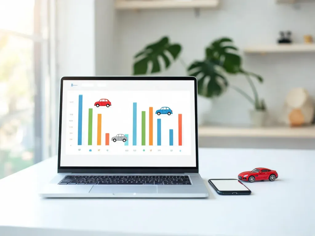 Laptop z kolorowym pulpitem porównania ubezpieczeń OC AC, obok smartfon i zabawkowe auto na jasnym biurku.
