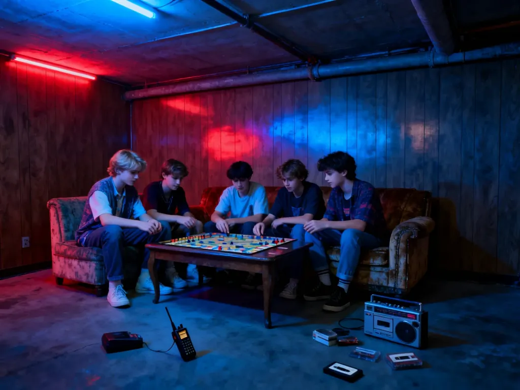 Grupa nastolatków grająca w planszówkę w piwnicy utrzymanej w klimacie lat 80., przywołująca nostalgię za Stranger Things.
