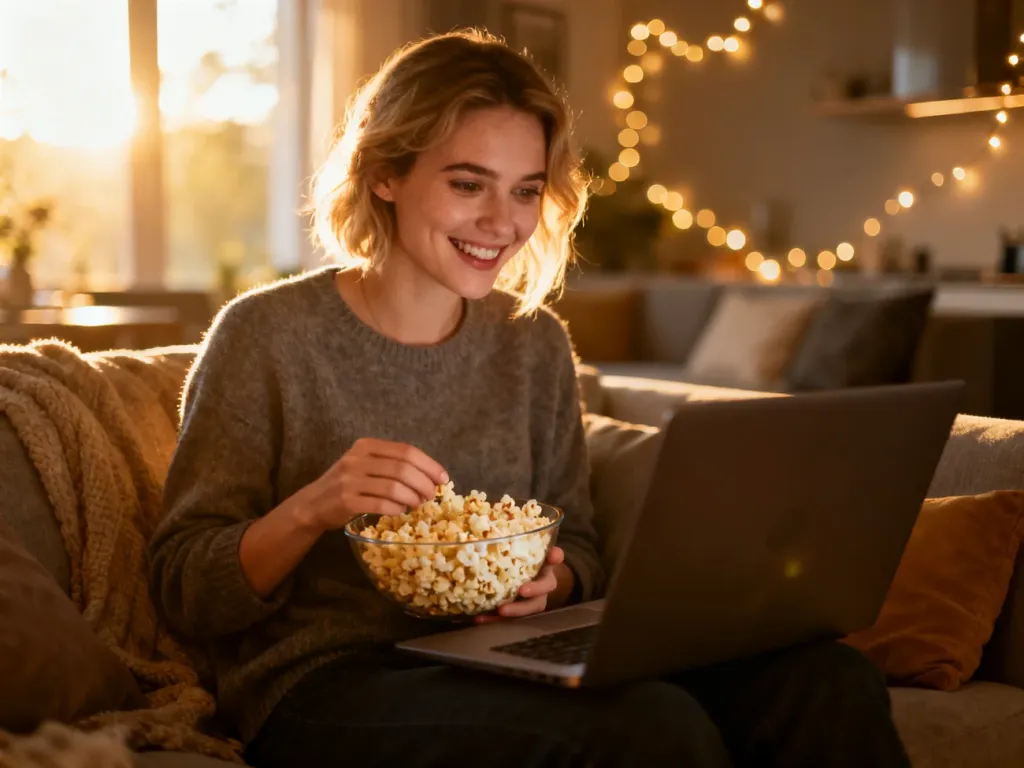 Młoda kobieta uśmiecha się do ekranu laptopa z miską popcornu w przytulnym, słonecznym salonie.