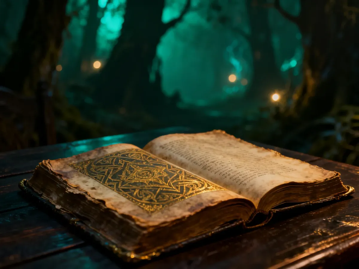 Otwarta, magiczna księga fantasy na tle tajemniczego, mrocznego lasu z delikatnymi świetlnymi refleksami.