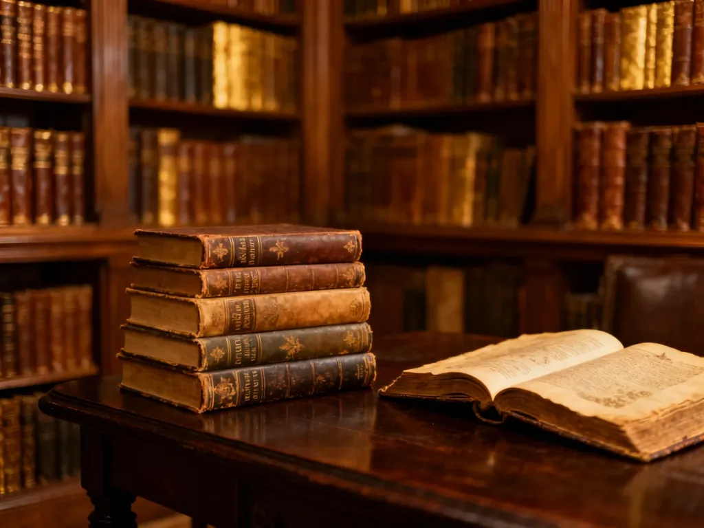Stos zabytkowych powieści historycznych na dębowym stole w przytulnej bibliotece, nawiązujący do twórczości Philippy Gregory.