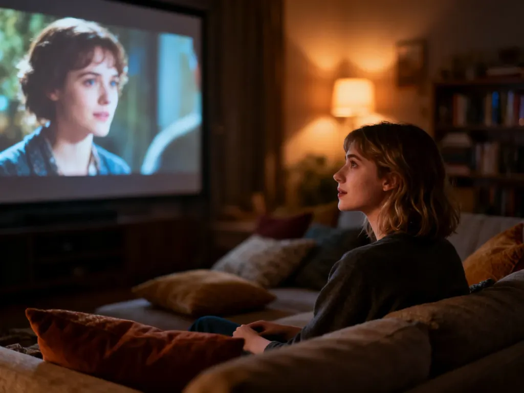 Młoda kobieta oglądająca film w przytulnym, nastrojowym salonie, budująca romantyczny klimat wieczoru filmowego.