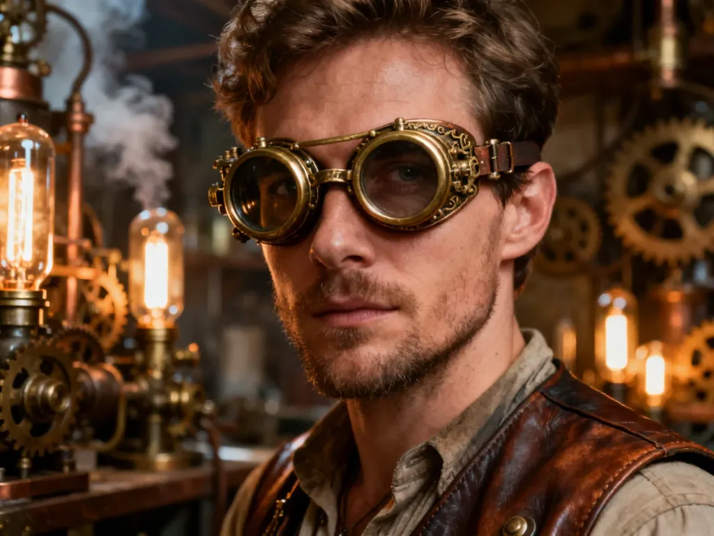 Mężczyzna w goglach steampunkowych i skórzanej kamizelce na tle warsztatu z mosiężnymi mechanizmami i lampami próżniowymi.