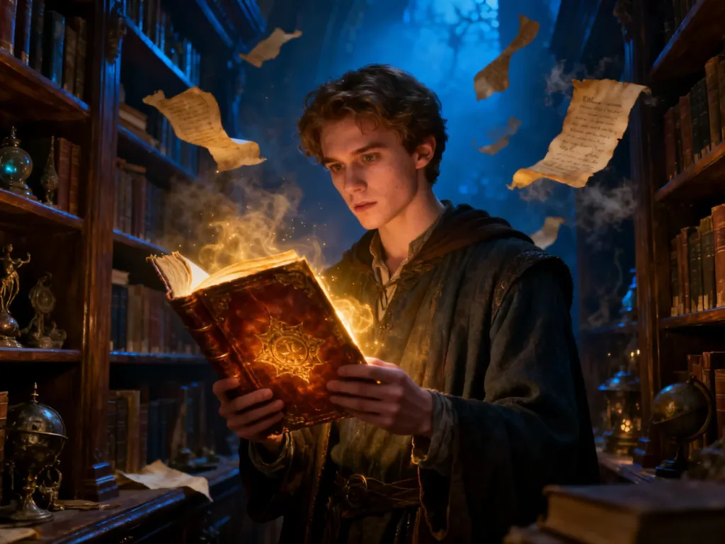 Młody mężczyzna w magicznej bibliotece trzymający świecącą, starodawną księgę w otoczeniu lewitujących zwojów.