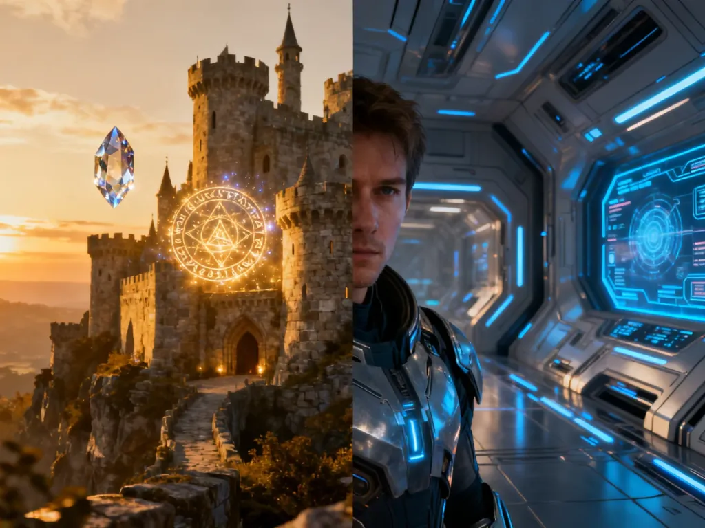 Zestawienie fantasy i science-fiction: mistyczny zamek z magią po lewej oraz futurystyczne wnętrze statku kosmicznego po prawej.