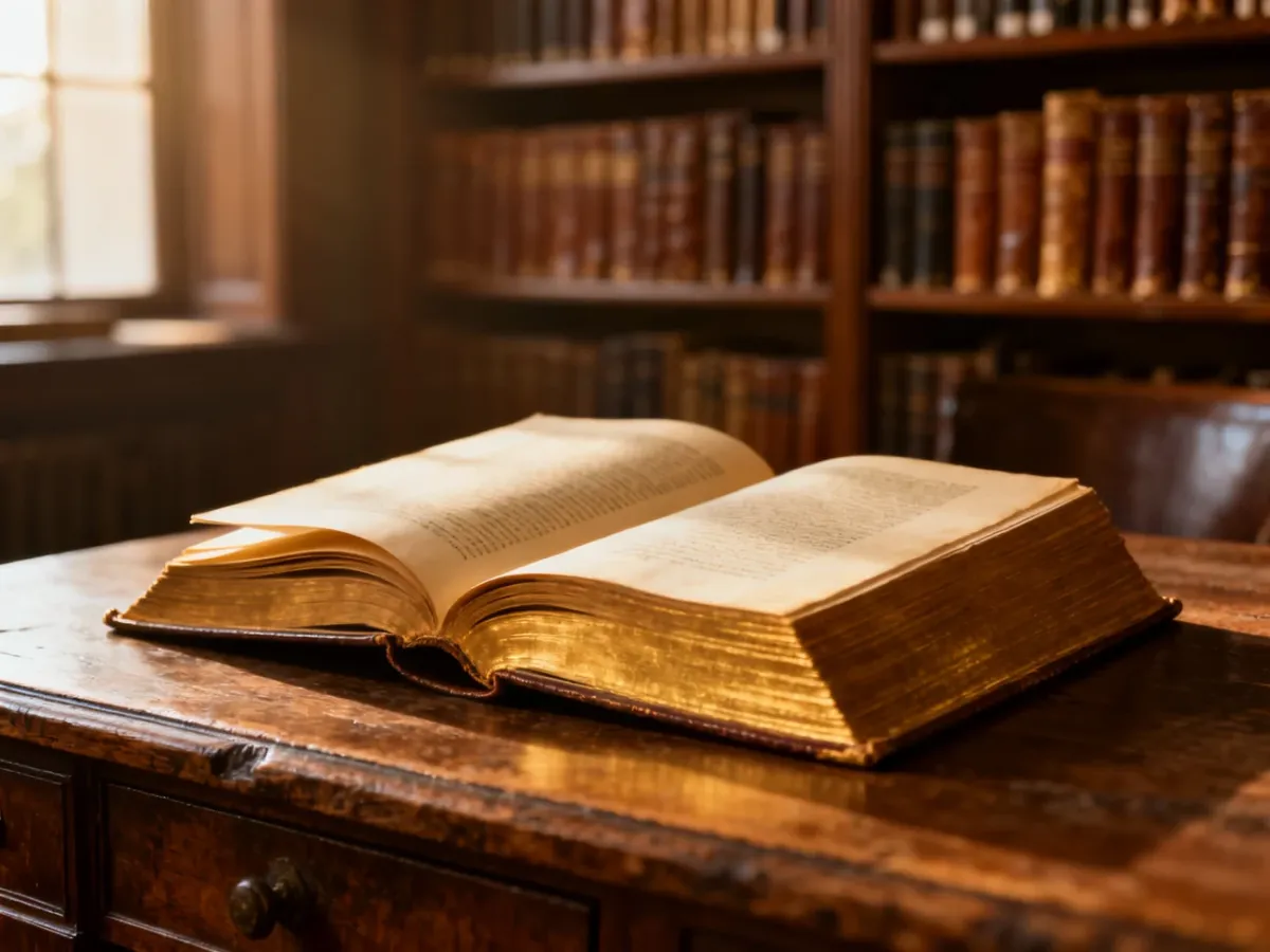 Otwarta zabytkowa książka na drewnianym biurku na tle regałów z wielotomową kolekcją literatury.