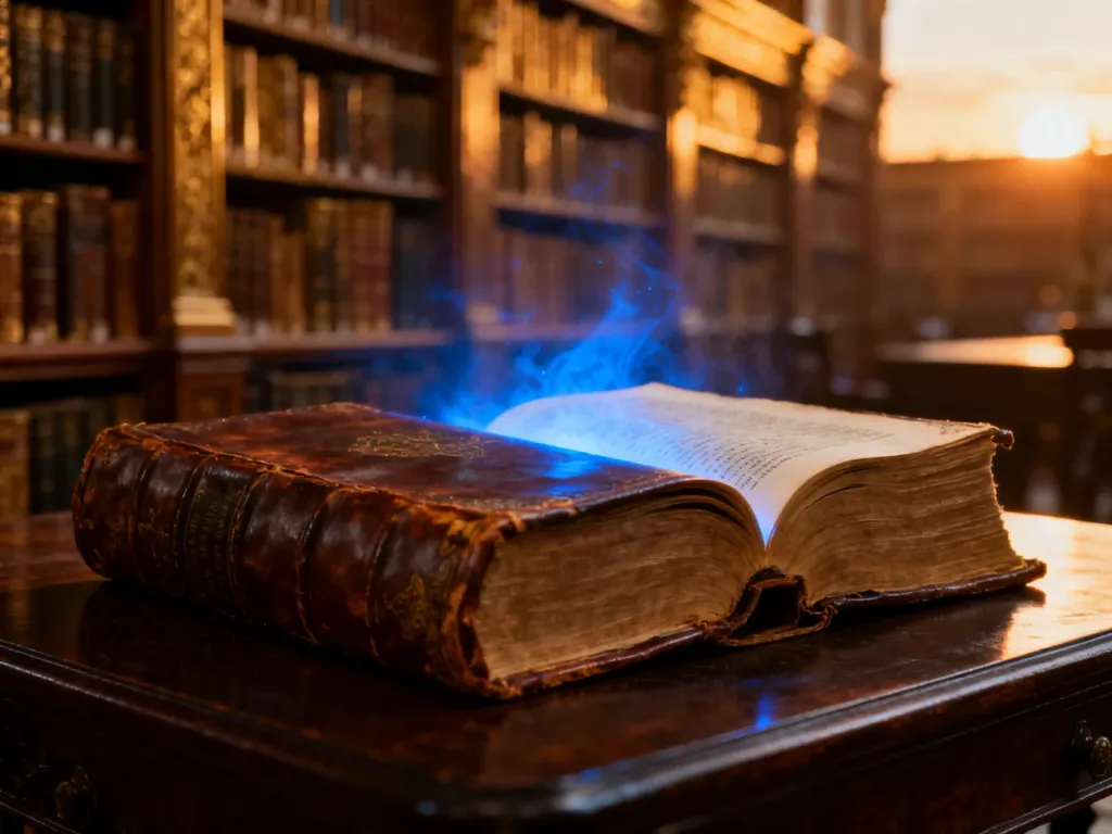 Stara, skórzana księga emanująca magicznym, niebieskim światłem na tle biblioteki, symbolizująca światy Brandona Sandersona.