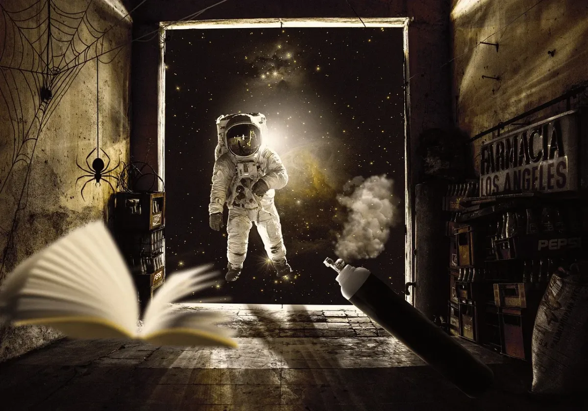 Futurystyczna, świecąca książka z hologramami gwiazd lewitująca w kosmicznej bibliotece.