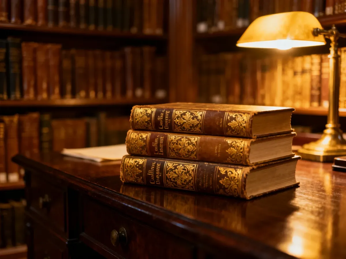 Stos zabytkowych romansów ze zdobionymi grzbietami na mahoniowym stole w nastrojowej bibliotece.