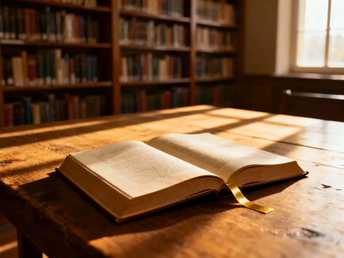 Otwarta książka na drewnianym stole w słonecznej bibliotece, zachęcająca do lektury w przytulnej atmosferze.