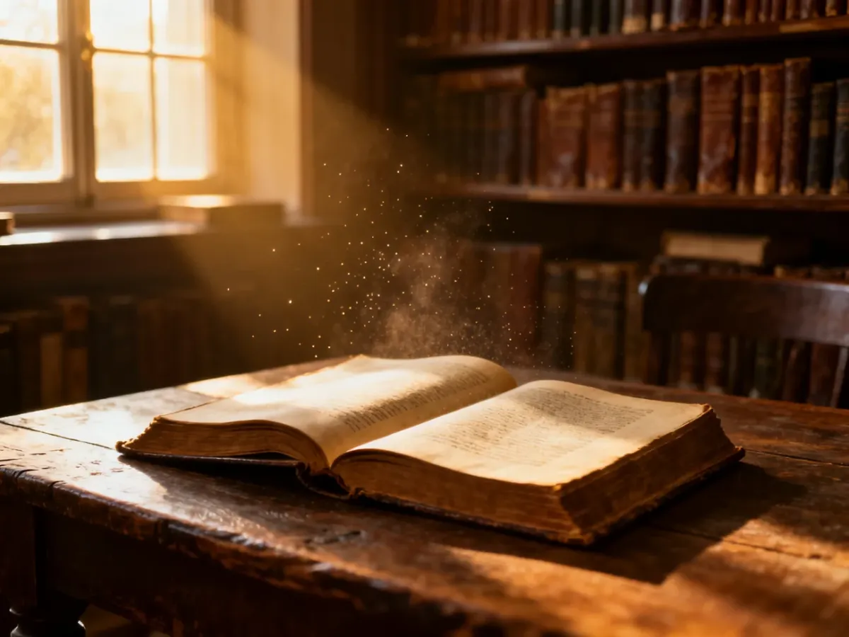 Otwarta zabytkowa książka na drewnianym stole w słonecznej bibliotece, symbolizująca początek nowej historii.