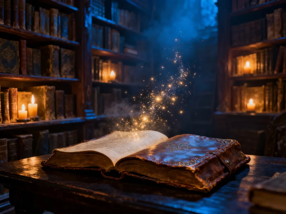Magiczna, otwarta księga fantasy na tle klimatycznej biblioteki, wprowadzająca w świat literatury Anety Jadowskiej.