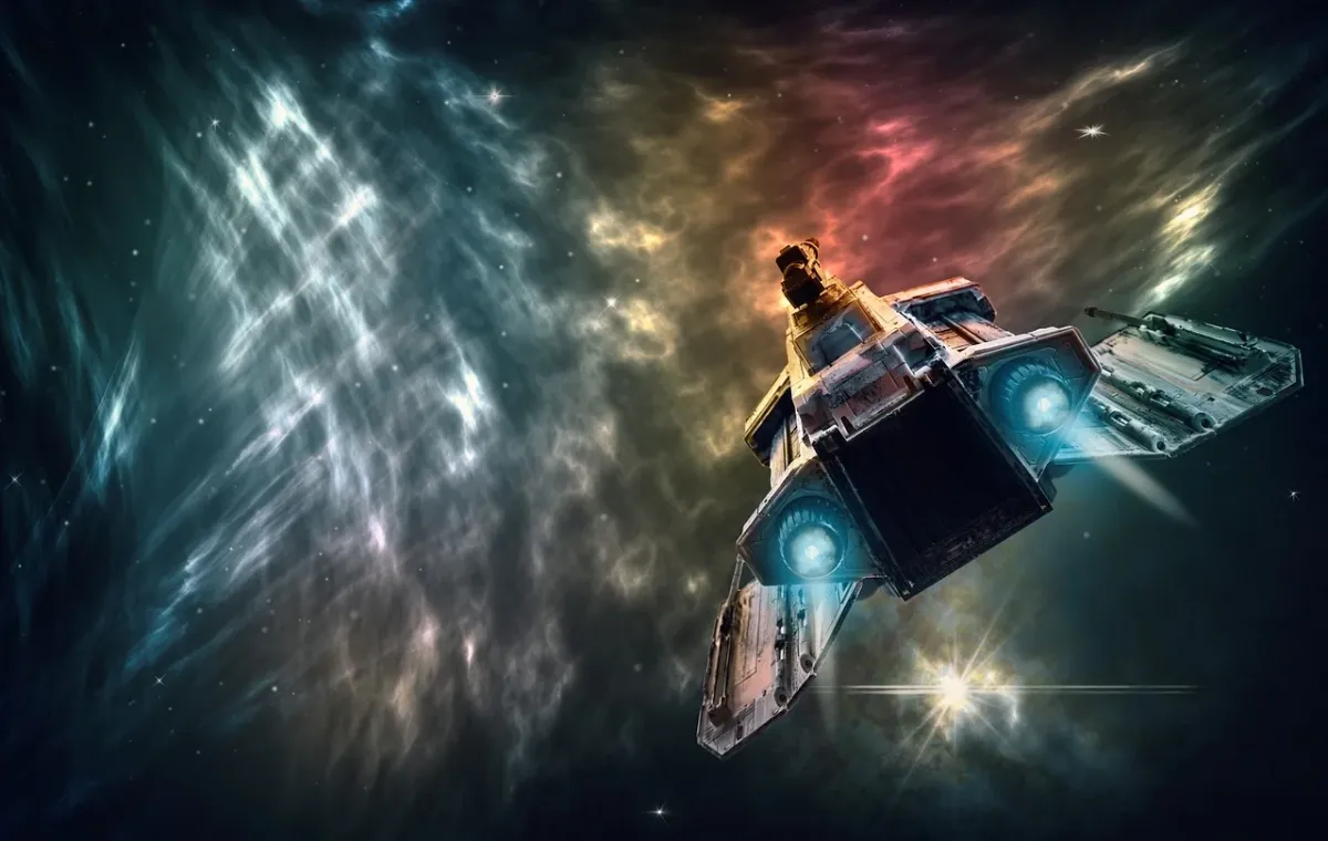 Futurystyczny statek kosmiczny przelatujący przez barwną mgławicę, ilustrujący epicki rozmach gatunku space opera.