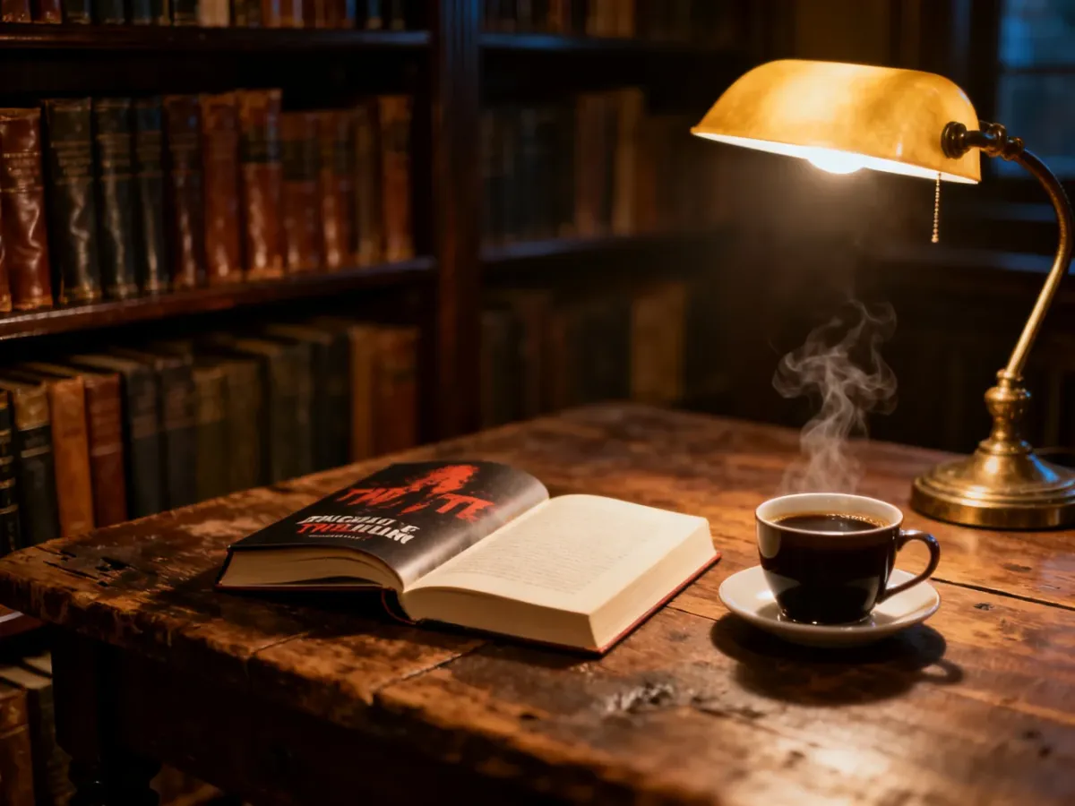Otwarta książka i parująca kawa na drewnianym stole w przytulnej bibliotece, tworzące atmosferę sprzyjającą lekturze.