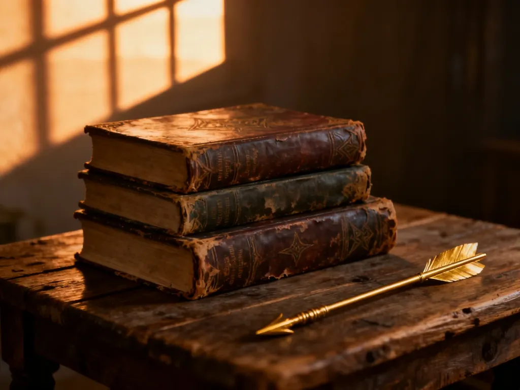 Stos trzech starych książek fantasy oraz złota strzała na drewnianym stole w klimatycznym, wieczornym świetle.