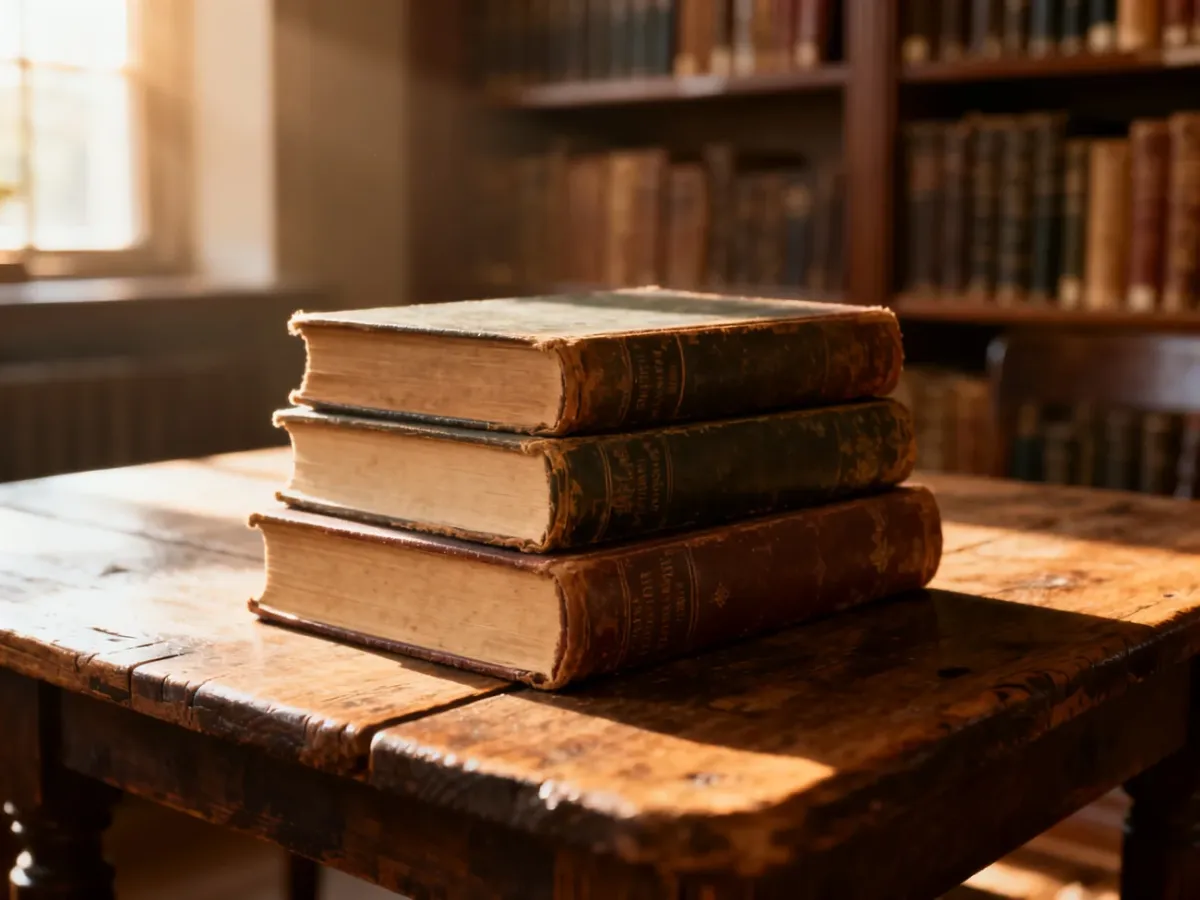 Stos zabytkowych książek na drewnianym stole w słonecznej bibliotece, budujący nostalgiczną atmosferę serii literackiej.