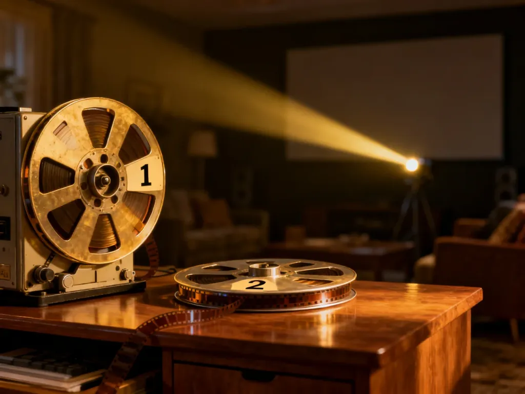Dwie taśmy filmowe oznaczone cyframi na drewnianym biurku, symbolizujące chronologię opowiadanej historii w kinie.