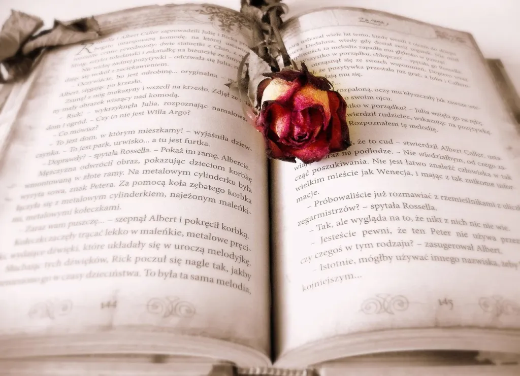 Nastrojowe wnętrze biblioteki z otwartą starą księgą przy świecy, oddające mroczny i tajemniczy klimat literatury dark romance.