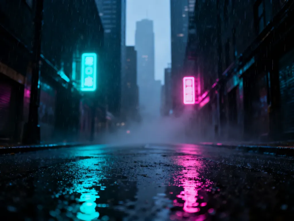 Nocna, deszczowa ulica miasta z neonowymi odbiciami, utrzymana w mrocznym klimacie neo-noir.