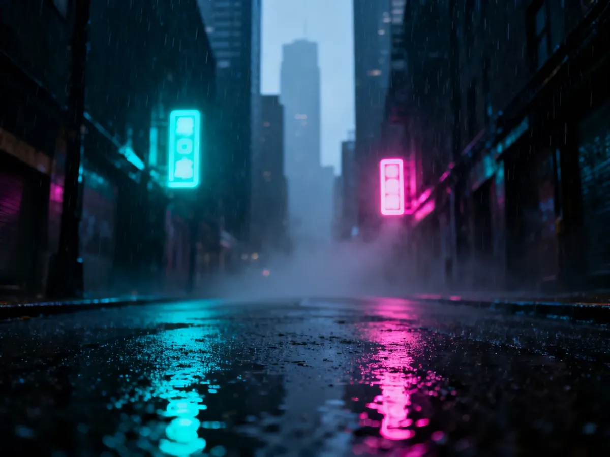 Nocna, deszczowa ulica miasta z neonowymi odbiciami, utrzymana w mrocznym klimacie neo-noir.