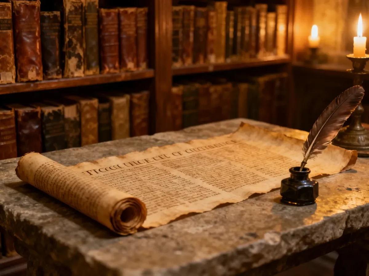 Starożytny zwój papirusu, pióro i kałamarz na tle biblioteki, nawiązujące do historycznych dzieł Tukidydesa.
