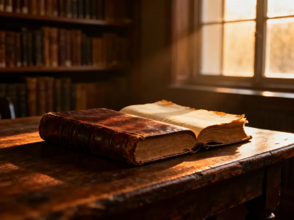 Stara, otwarta księga w oprawie ze skóry na drewnianym stole w klimatycznej bibliotece, skąpana w ciepłym świetle.