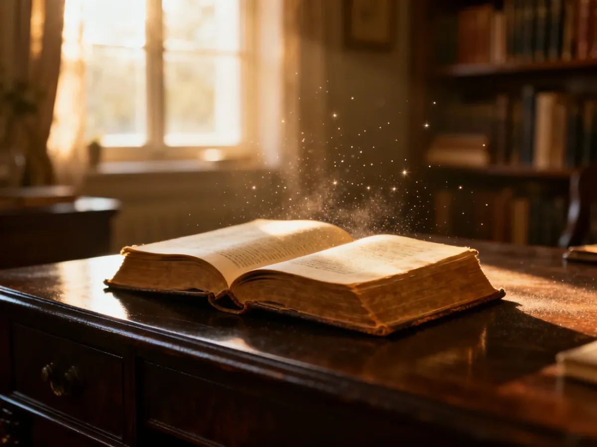 Otwarta zabytkowa książka na drewnianym biurku w przytulnej domowej bibliotece skąpanej w porannym świetle.