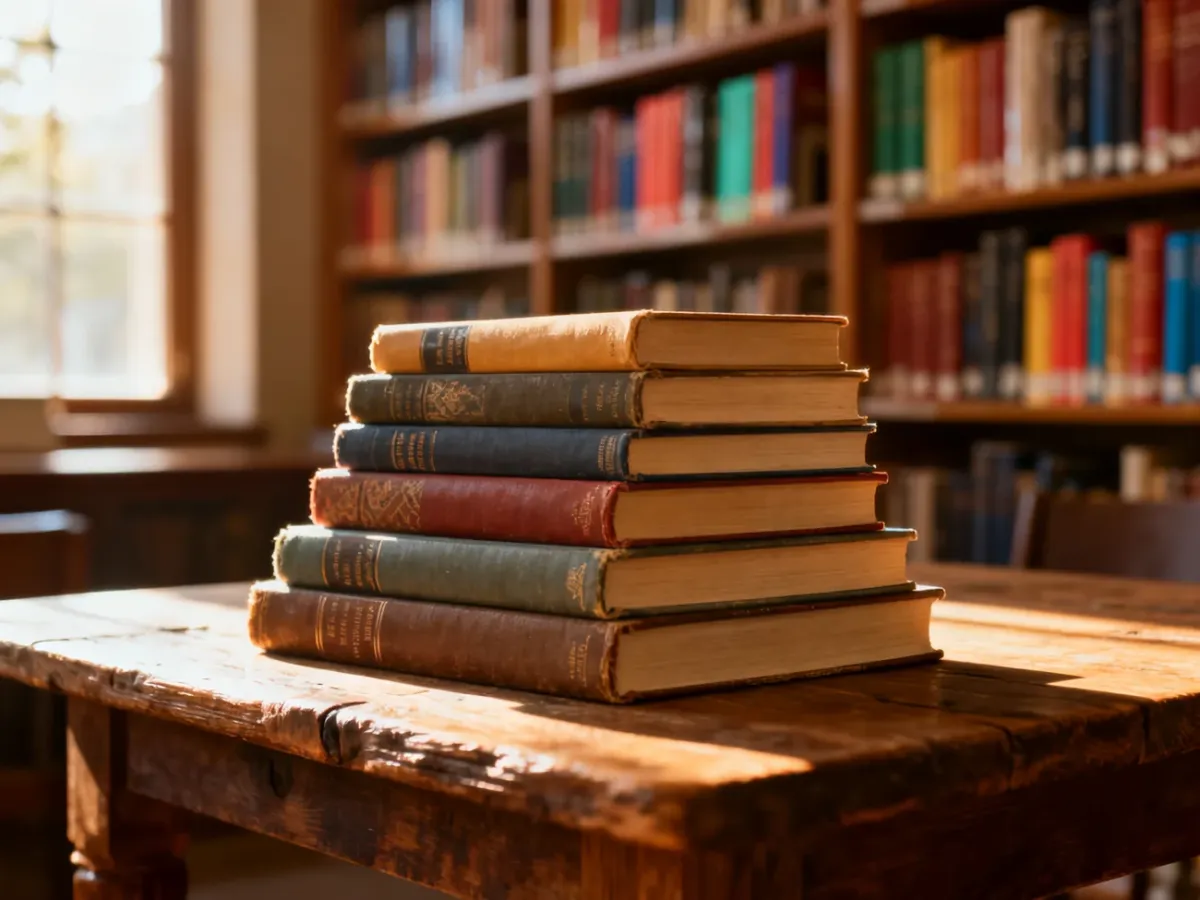 Stos różnorodnych książek w oprawie twardej na drewnianym stole w przytulnej, słonecznej bibliotece.