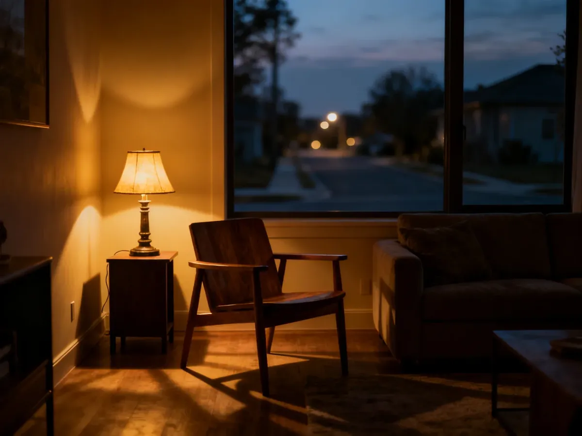 Przytulny salon o zmroku z nastrojowym oświetleniem, budujący tajemniczą i pełną emocji atmosferę.