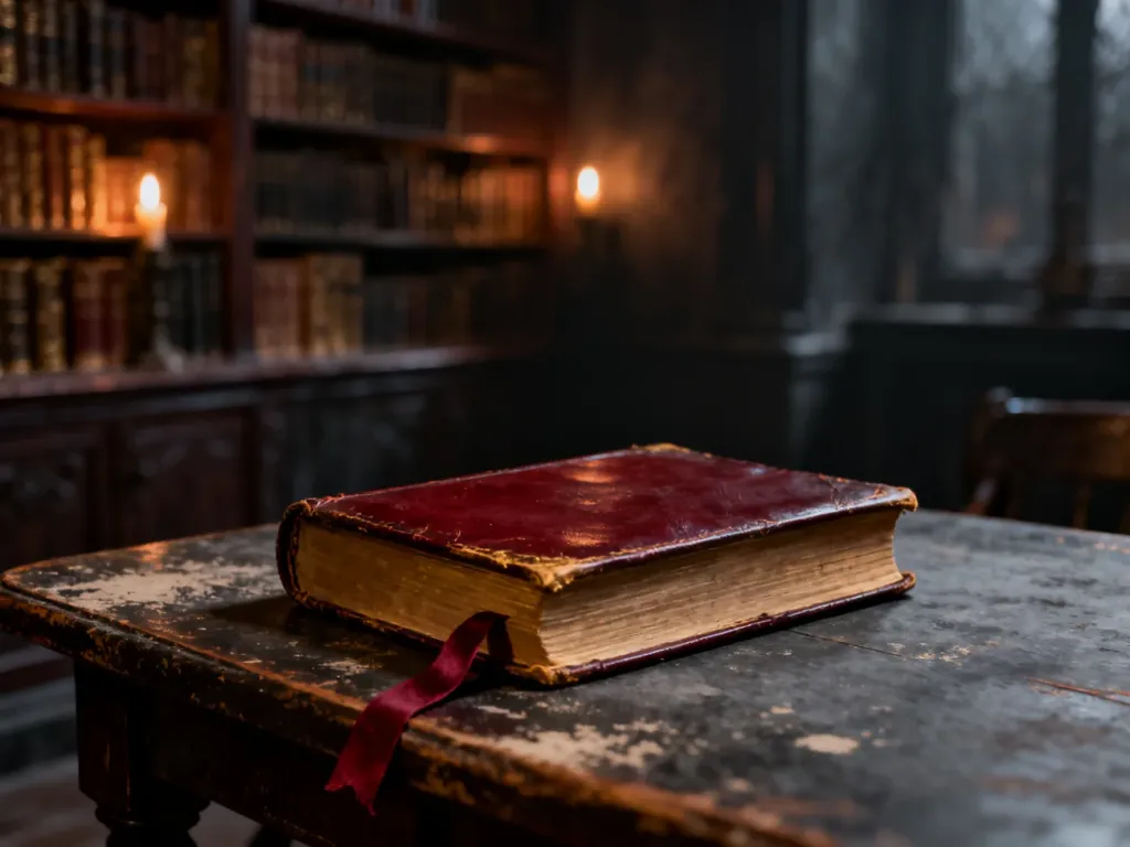 Stara książka w skórzanej oprawie na drewnianym stole w klimatycznej, mrocznej bibliotece przy świetle świec.