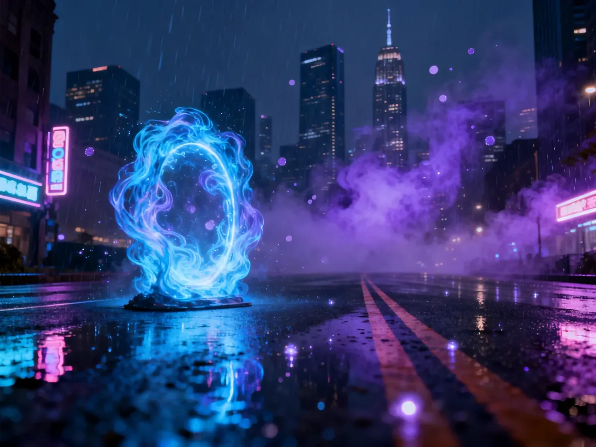 Nocne miasto z neonami i magicznym portalem, ilustrujące klimat gatunku urban fantasy.