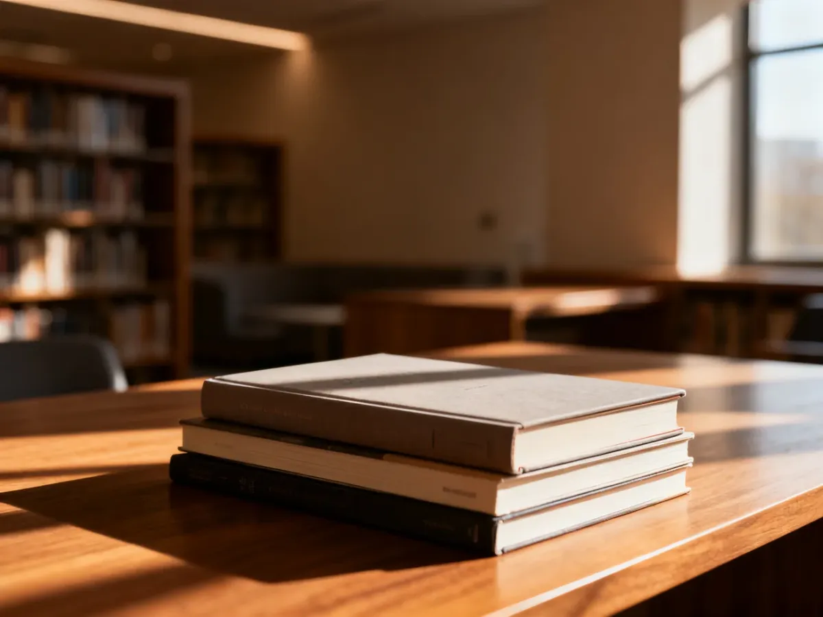 Stos książek z minimalistycznymi okładkami na drewnianym biurku w przytulnej bibliotece, oddający klimat literatury New Adult.
