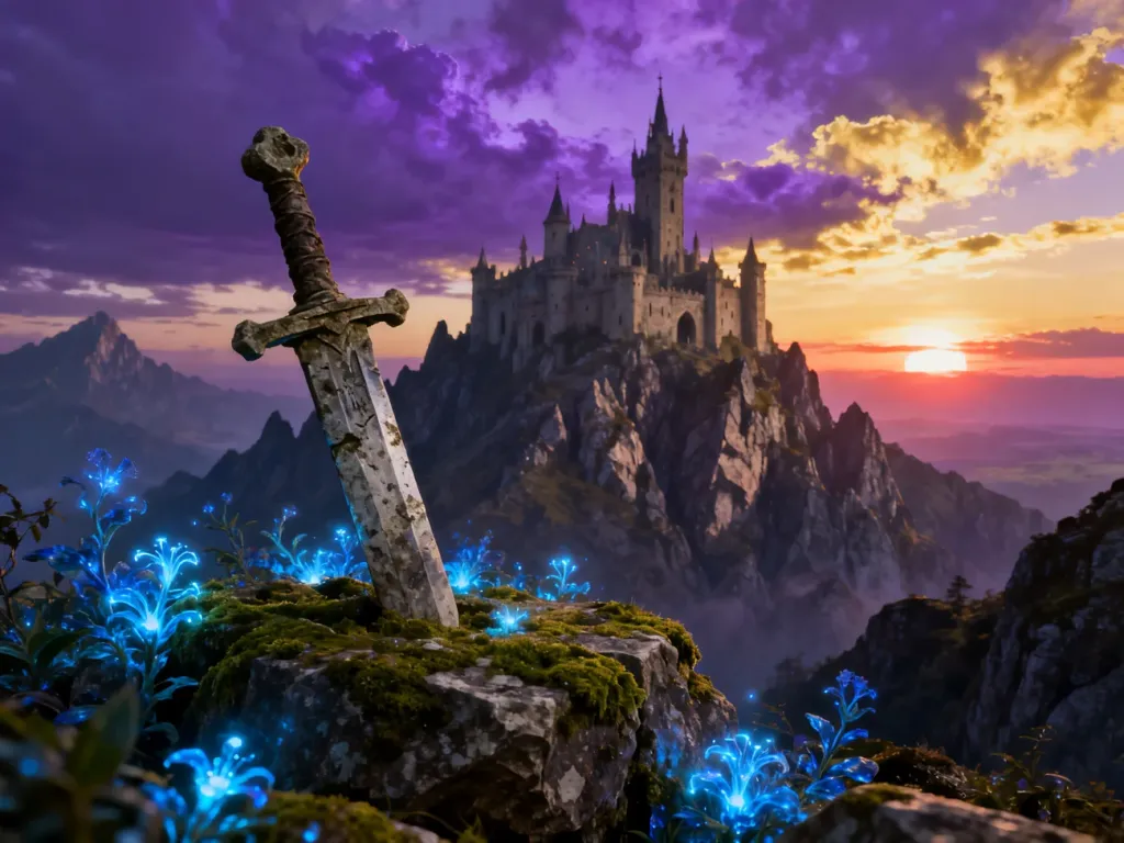 Miecz wbity w skałę na tle zamku w górach i magicznej roślinności, oddający epicki klimat gatunku high fantasy.