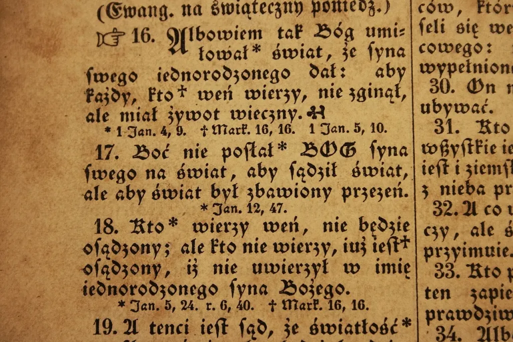 Stara, oprawiona w skórę księga leżąca na drewnianym stole w przytulnej, nastrojowej bibliotece pełnej antycznych woluminów.