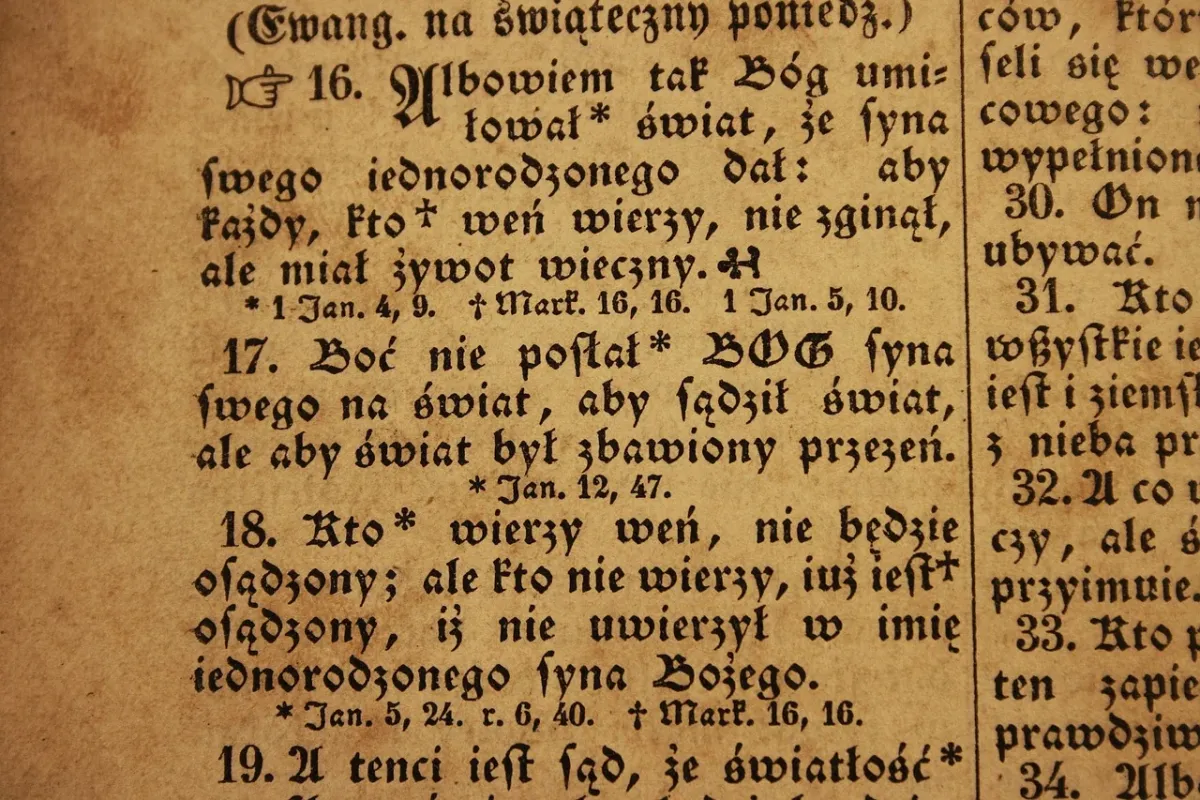 Stara, oprawiona w skórę księga leżąca na drewnianym stole w przytulnej, nastrojowej bibliotece pełnej antycznych woluminów.