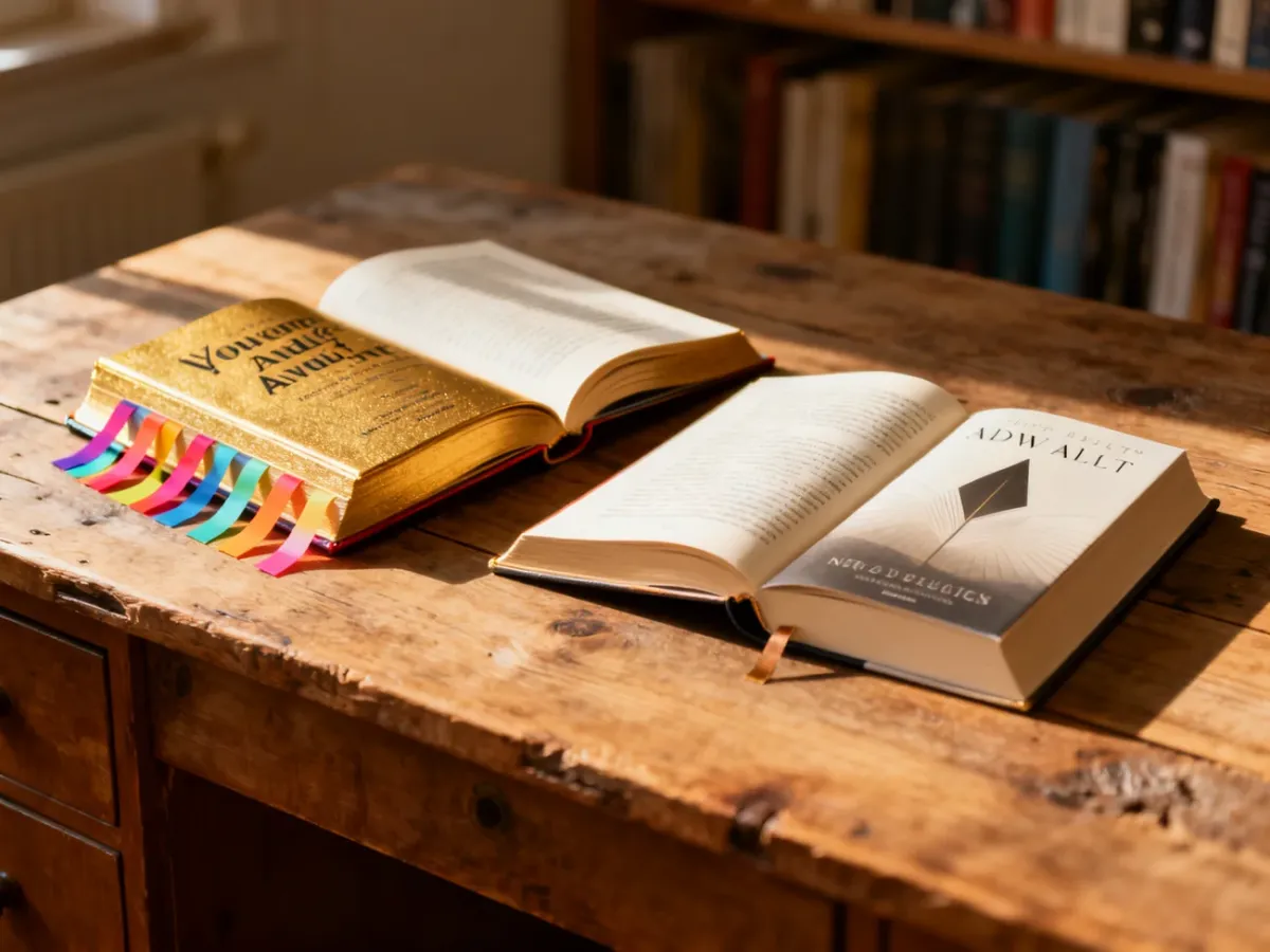 Dwie otwarte książki na drewnianym stole: młodzieżowa z kolorowymi zakładkami oraz bardziej minimalistyczna literatura new adult.