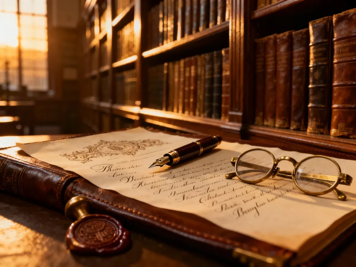 Zabytkowe pióro, okulary i pieczęć lakowa na starym dokumencie prawnym w klimatycznej bibliotece prawniczej.