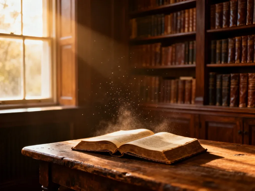 Przytulny kącik w domowej bibliotece z otwartą książką na drewnianym stole, zachęcający do poszukiwania życiowej mądrości.
