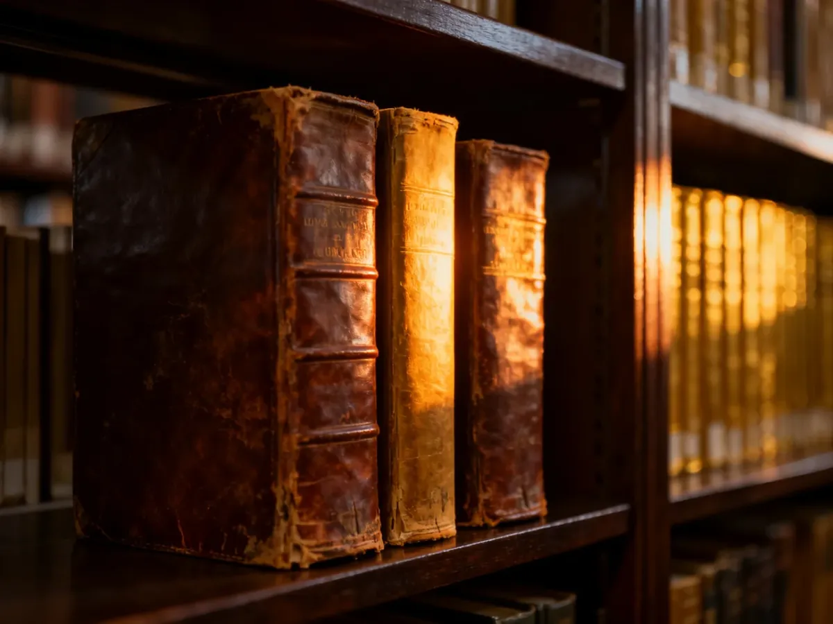 Trzy oprawione w skórę, wiekowe księgi stojące na półce w bibliotece, oświetlone ciepłym światłem zachodzącego słońca.