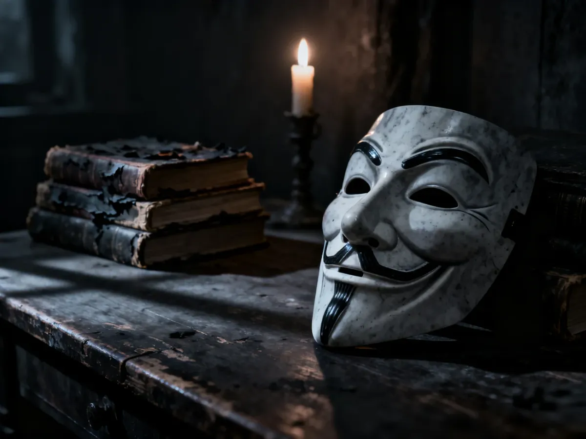 Maska Guya Fawkesa leżąca na starym drewnianym stole w otoczeniu książek i świecy, budująca mroczny, kinowy klimat.