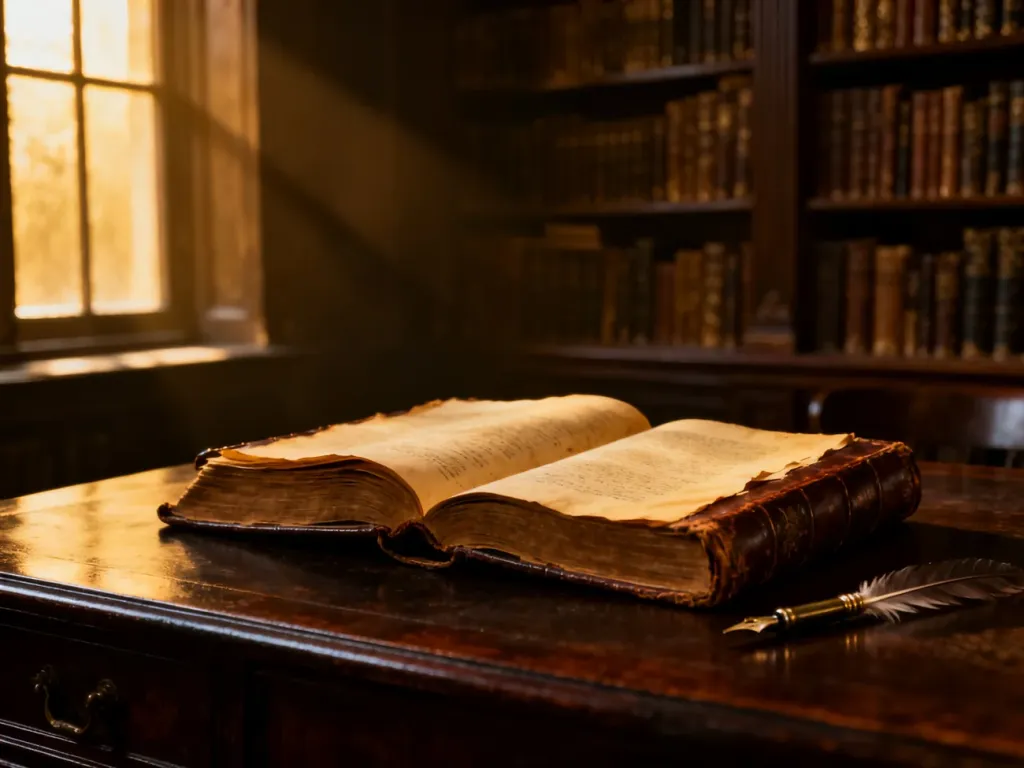 Otwarta, stara księga z piórem na drewnianym biurku w klimatycznej bibliotece, budująca atmosferę tajemnicy literackiej.
