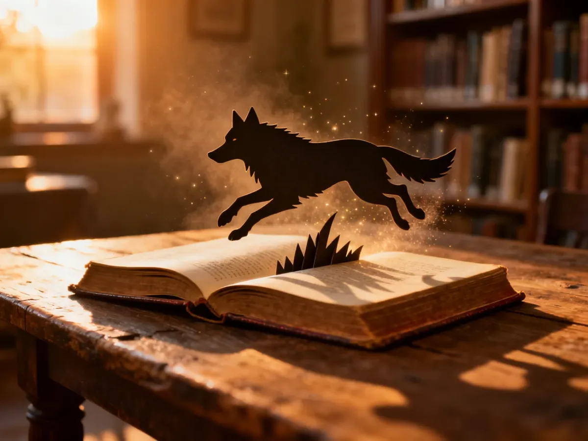 Cień wilka wyskakujący z otwartej, zabytkowej książki na tle przytulnej biblioteki w blasku zachodzącego słońca.