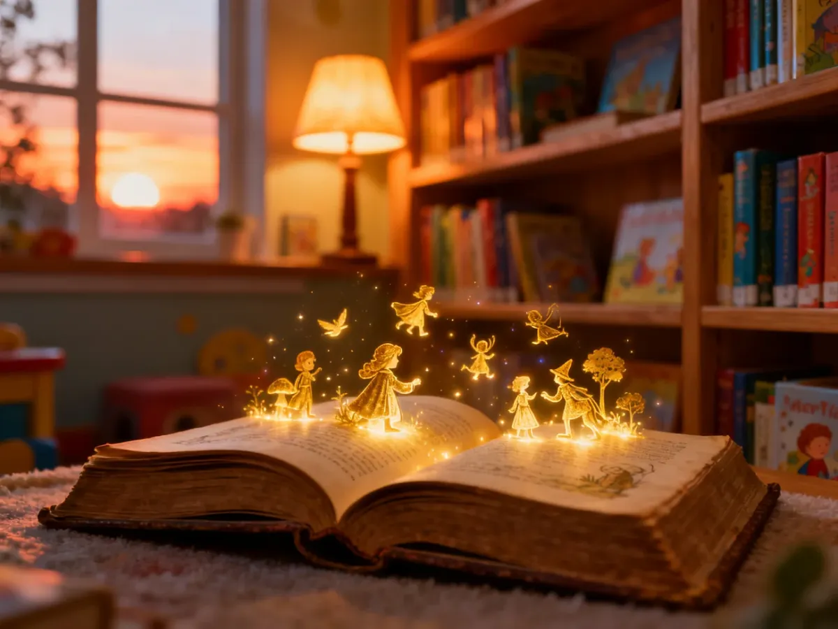 Przytulny kącik biblioteczny dla dzieci z otwartą książką, z której wydobywa się magiczne, złote światło.