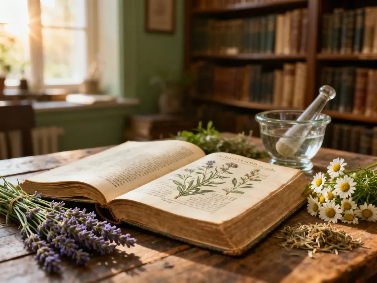 Otwarta, zabytkowa encyklopedia ziół na drewnianym stole w otoczeniu suszonych kwiatów i moździerza, budująca atmosferę wiedzy.