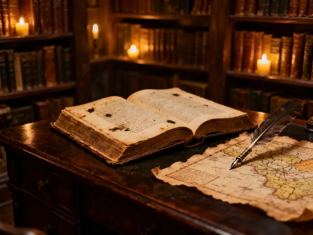 Otwarte zabytkowe księgi, pióro i stara mapa na drewnianym biurku w klimatycznej bibliotece, tworzące nastrój dawnych epok.